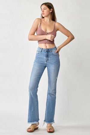 RISEN High Rise Frayed Hem Bootcut Jeans Trendsi