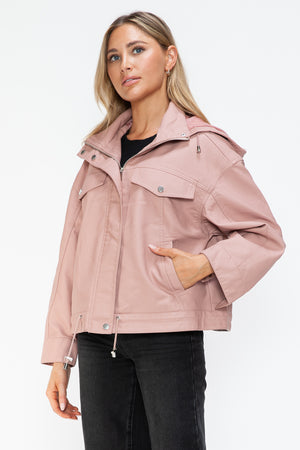 How Dare U Drawstring Hem PU Leather Zip Up Jacket - All Mine Now Clothing