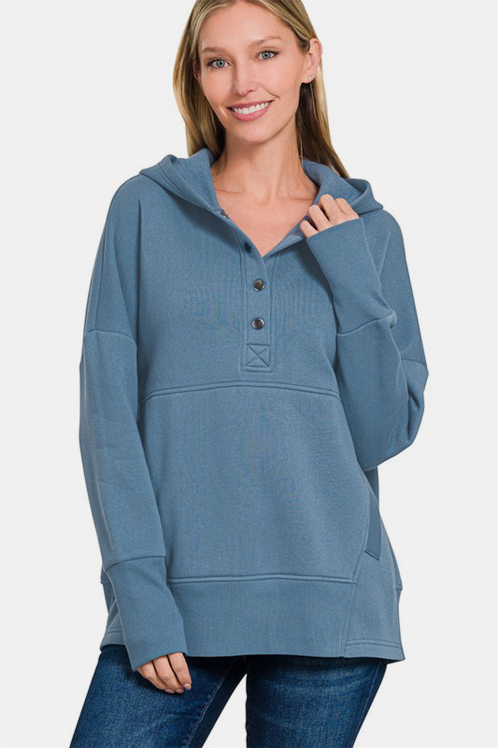 Zenana Half Snap Long Sleeve Hoodie with Kangaroo Pocket - All Mine Now Clothing