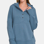 Zenana Half Snap Long Sleeve Hoodie with Kangaroo Pocket - All Mine Now Clothing