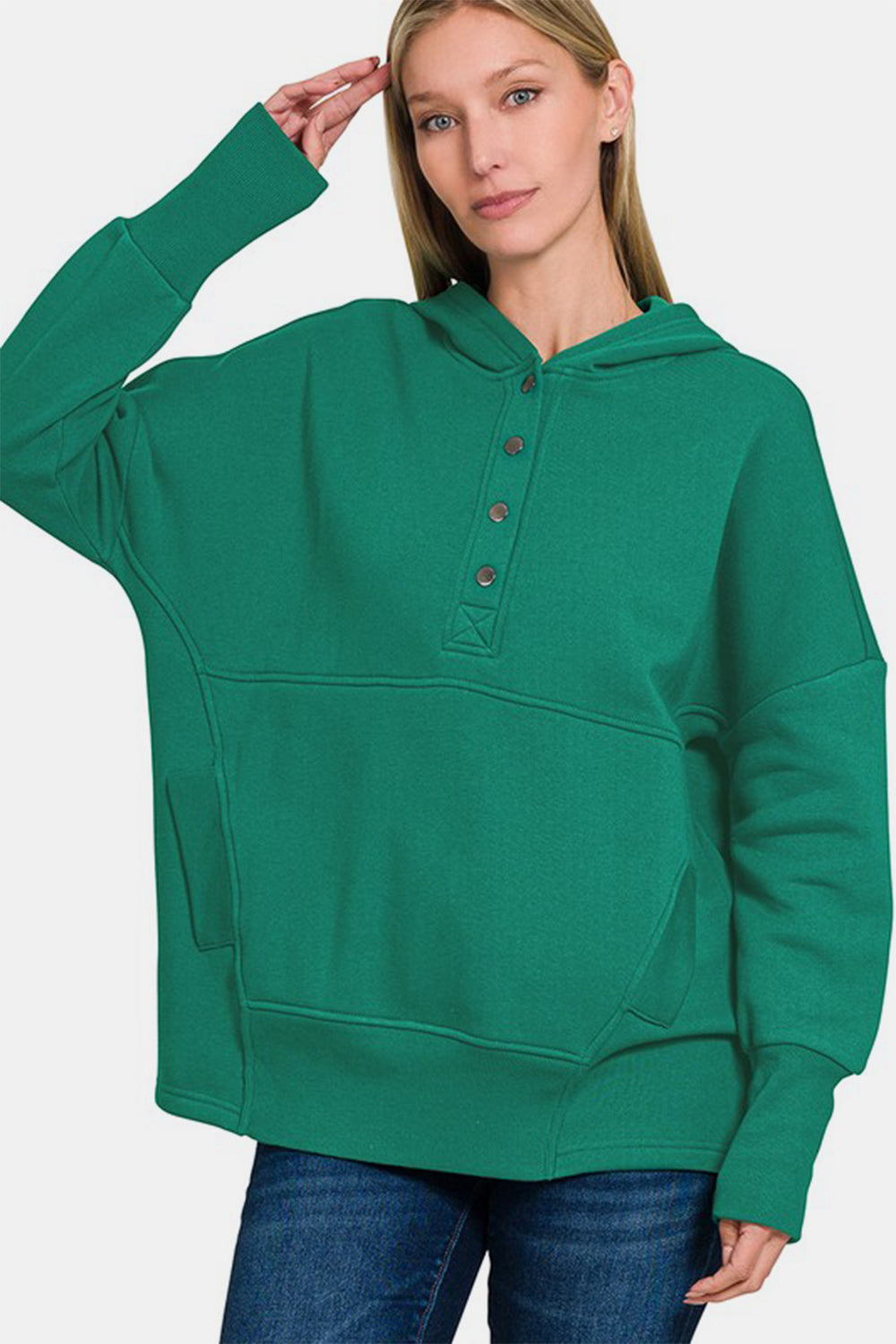 Zenana Half Snap Long Sleeve Hoodie with Kangaroo Pocket - All Mine Now Clothing