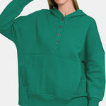 Zenana Half Snap Long Sleeve Hoodie with Kangaroo Pocket - All Mine Now Clothing