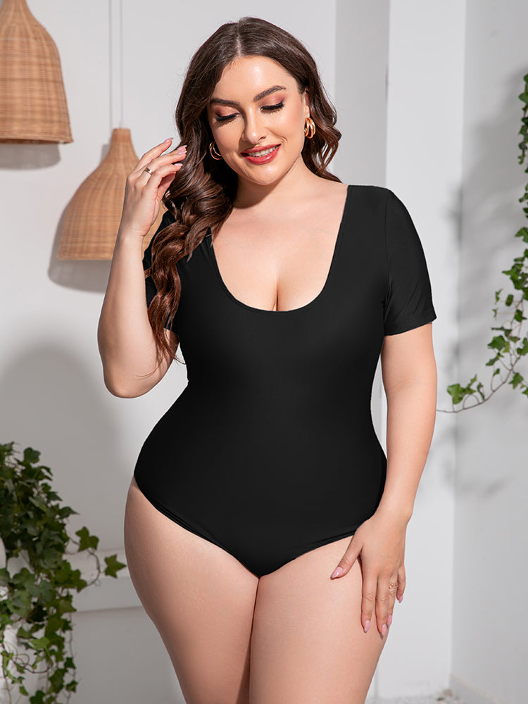 Plus Size Scoop Neck Short Sleeve One-Piece Swimsuit - All Mine Now Clothing