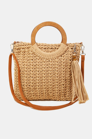 Fame Crochet Knit Convertible Tote Bag with Tassel - All Mine Now Clothing