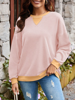 Lovelet Contrast Round Neck Long Sleeve Sweatshirt - All Mine Now Clothing