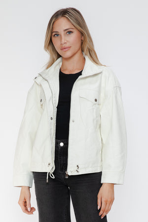 How Dare U Drawstring Hem PU Leather Zip Up Jacket - All Mine Now Clothing