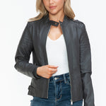 Snobbish PU Leather Biker Jacket with Side Zip Pockets - All Mine Now Clothing