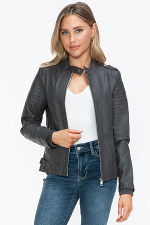 Snobbish PU Leather Biker Jacket with Side Zip Pockets - All Mine Now Clothing