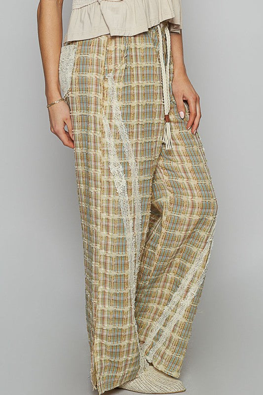 POL Lace Trim Drawstring Checkered Wide Leg Pants - All Mine Now Clothing