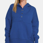 Zenana Half Snap Long Sleeve Hoodie with Kangaroo Pocket - All Mine Now Clothing