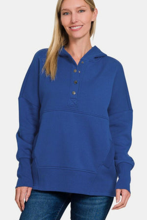 Zenana Half Snap Long Sleeve Hoodie with Kangaroo Pocket - All Mine Now Clothing