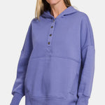 Zenana Half Snap Long Sleeve Hoodie with Kangaroo Pocket - All Mine Now Clothing