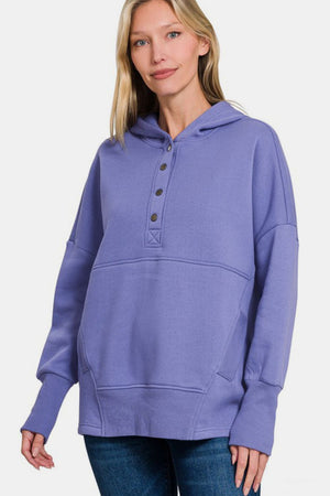 Zenana Half Snap Long Sleeve Hoodie with Kangaroo Pocket - All Mine Now Clothing