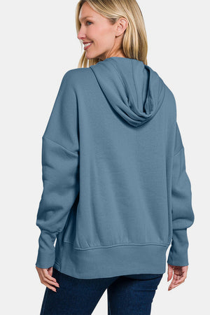 Zenana Half Snap Long Sleeve Hoodie with Kangaroo Pocket - All Mine Now Clothing