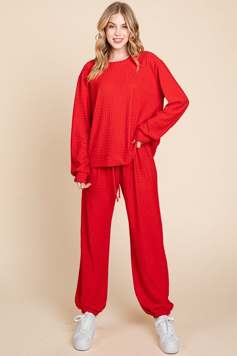 Super Lady Full Size Crinkle Check Round Neck Top and Pants Lounge Set - All Mine Now Clothing