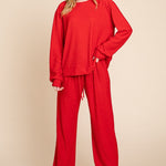 Super Lady Full Size Crinkle Check Round Neck Top and Pants Lounge Set - All Mine Now Clothing