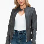 Snobbish PU Leather Biker Jacket with Side Zip Pockets - All Mine Now Clothing