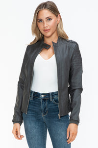 Snobbish PU Leather Biker Jacket with Side Zip Pockets - All Mine Now Clothing