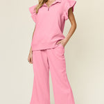 Double Take Texture Ruffle Short Sleeve Top and Drawstring Wide Leg Pants Set - All Mine Now Clothing