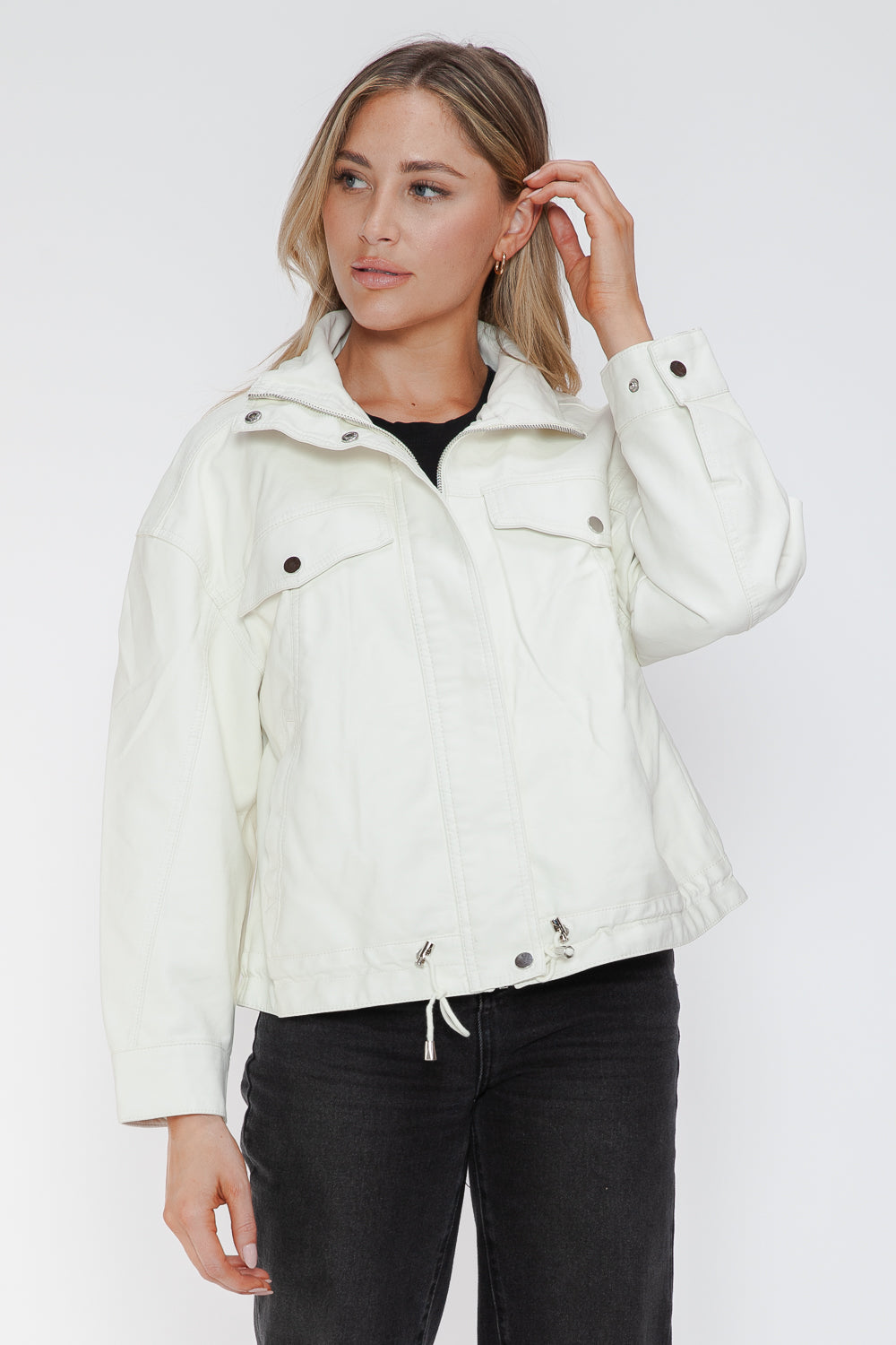 How Dare U Drawstring Hem PU Leather Zip Up Jacket - All Mine Now Clothing