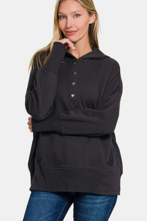 Zenana Half Snap Long Sleeve Hoodie with Kangaroo Pocket - All Mine Now Clothing