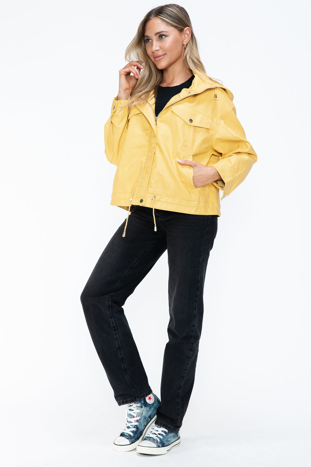 How Dare U Drawstring Hem PU Leather Zip Up Jacket - All Mine Now Clothing