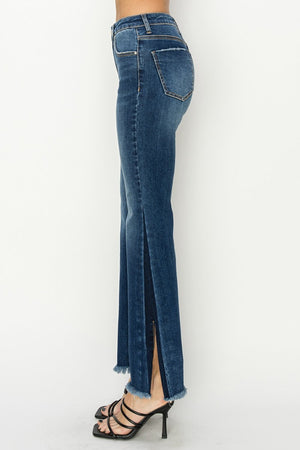 RISEN Full Size High Rise Side Shadow Seam Detail Slit Flare Jeans Trendsi