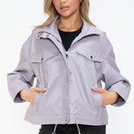 How Dare U Drawstring Hem PU Leather Zip Up Jacket - All Mine Now Clothing