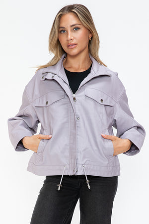 How Dare U Drawstring Hem PU Leather Zip Up Jacket - All Mine Now Clothing