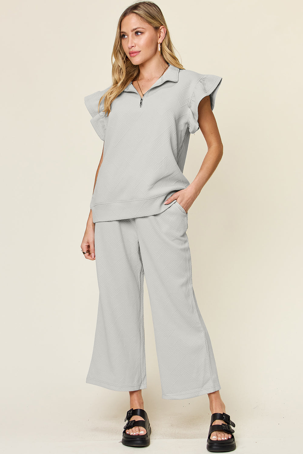 Double Take Texture Ruffle Short Sleeve Top and Drawstring Wide Leg Pants Set - All Mine Now Clothing