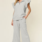 Double Take Texture Ruffle Short Sleeve Top and Drawstring Wide Leg Pants Set - All Mine Now Clothing