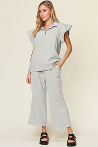 Double Take Texture Ruffle Short Sleeve Top and Drawstring Wide Leg Pants Set - All Mine Now Clothing