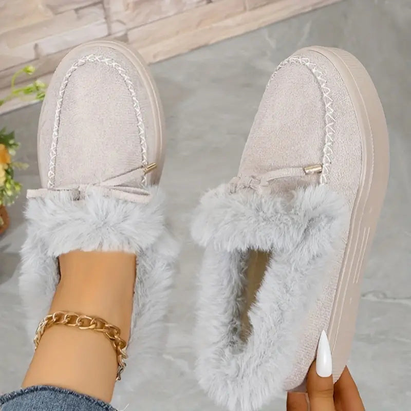 Bow Furry Round Toe Flat Slip-Ons - All Mine Now Clothing