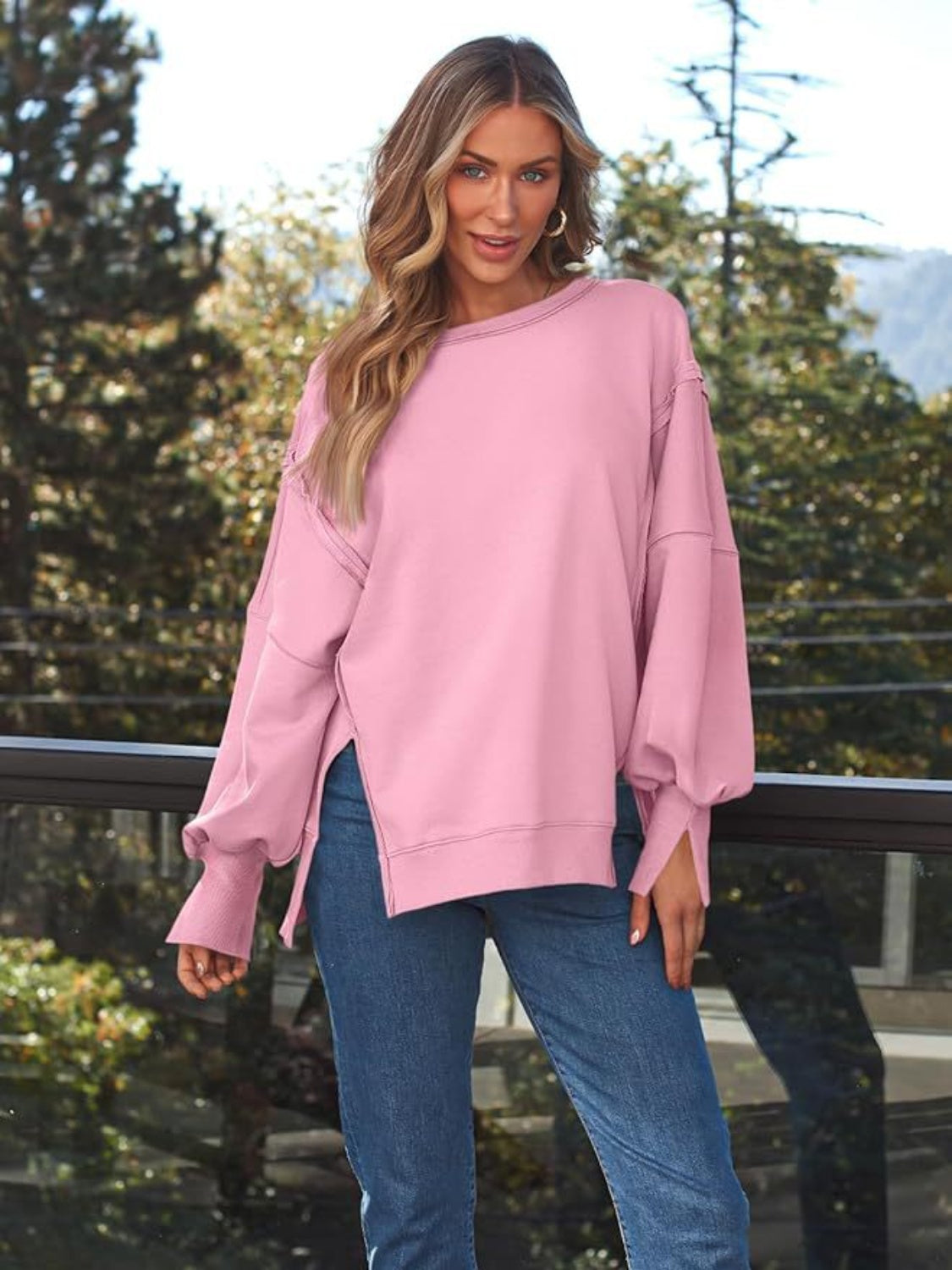 Slit Round Neck Long Sleeve Sweatshirt - All Mine Now Clothing