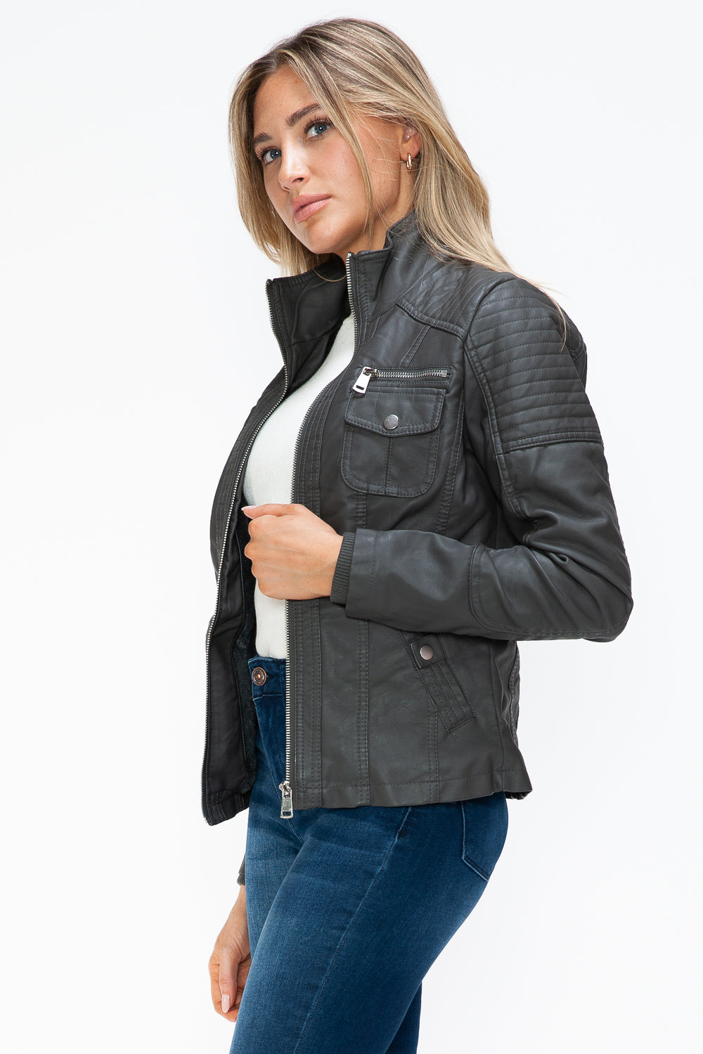 YMI Removable Faux Layered Multi-Pocket Jacket with Fuzzy Hood - All Mine Now Clothing