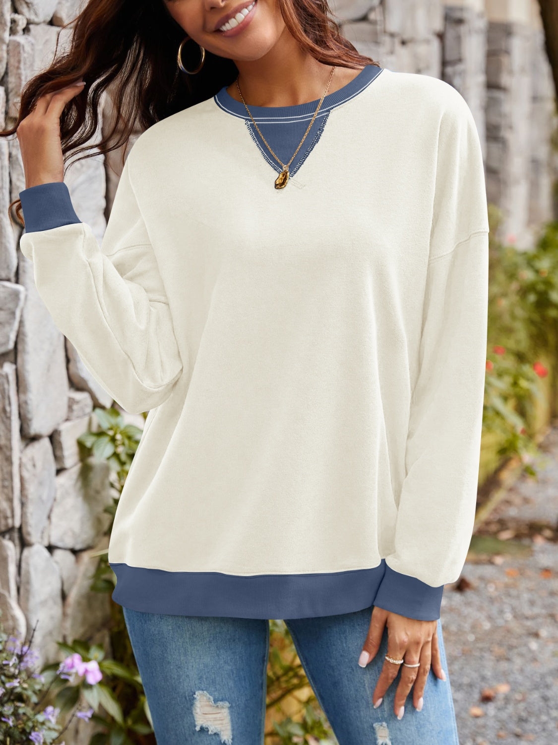 Lovelet Contrast Round Neck Long Sleeve Sweatshirt - All Mine Now Clothing