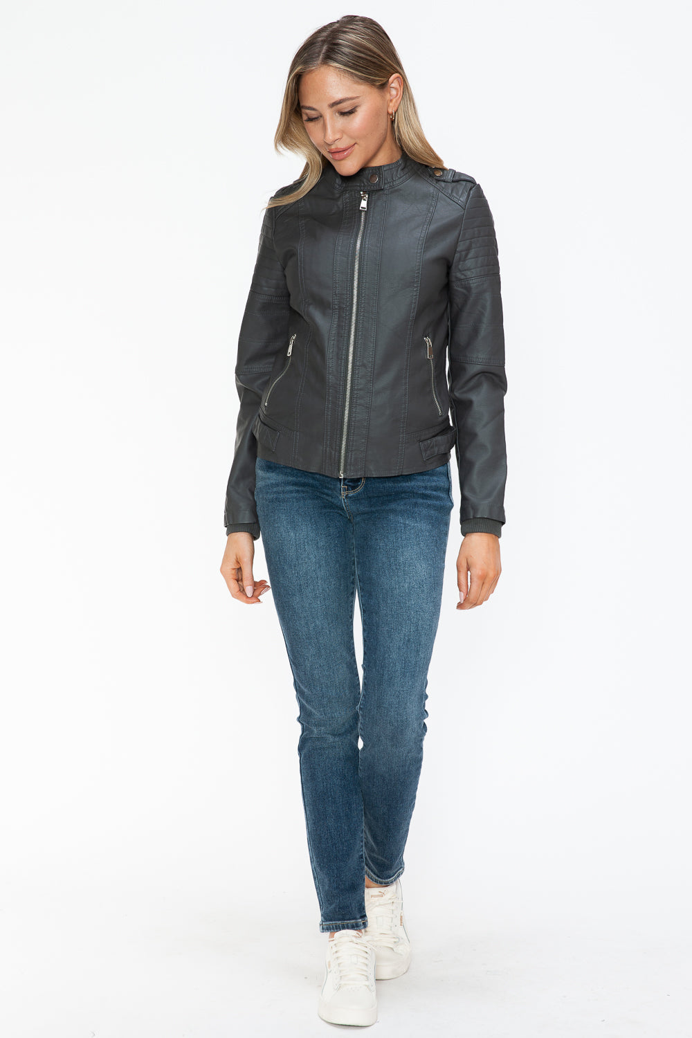 Snobbish PU Leather Biker Jacket with Side Zip Pockets - All Mine Now Clothing