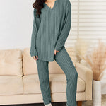 Basic Bae Full Size Notched Long Sleeve Top and Pants Set - All Mine Now Clothing