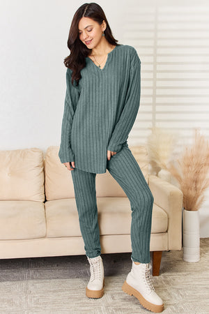 Basic Bae Full Size Notched Long Sleeve Top and Pants Set - All Mine Now Clothing