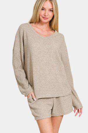 Zenana V-Neck Long Sleeve Ribbed Top and Shorts Set - All Mine Now Clothing