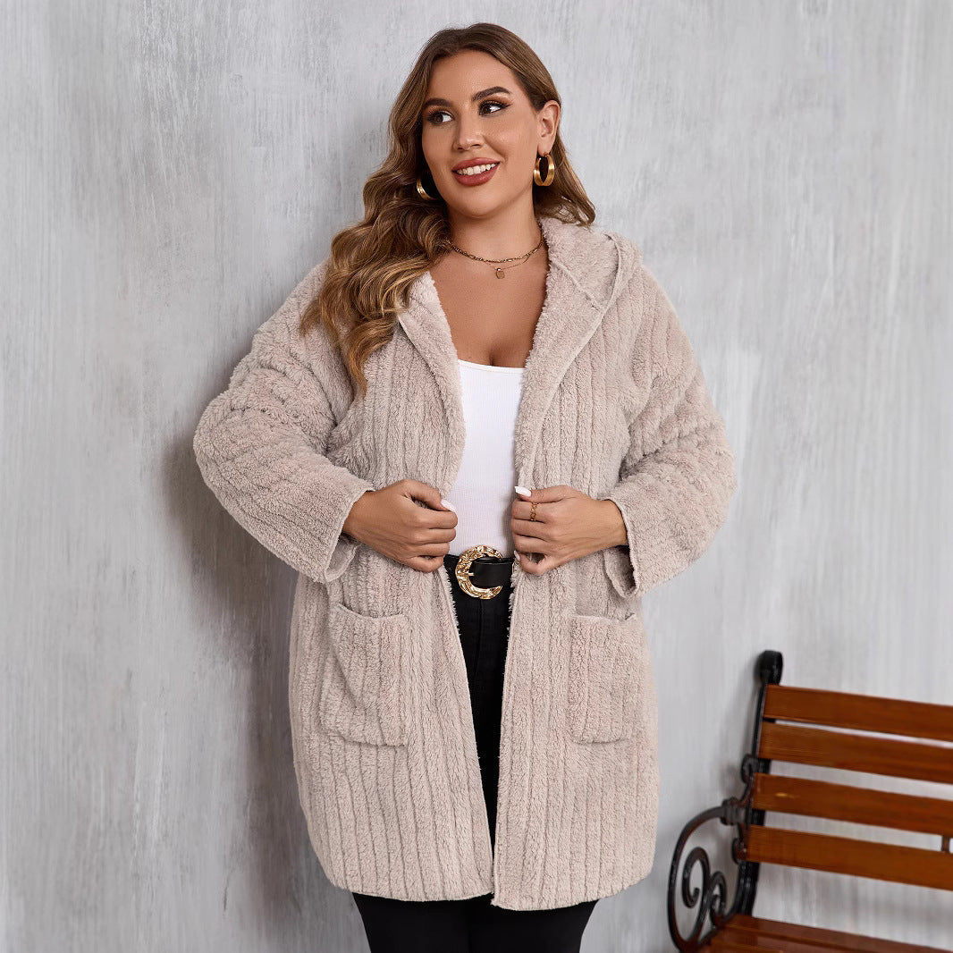 Plus Size Open Front Long Sleeve Hooded Fuzzy Jacket - All Mine Now Clothing