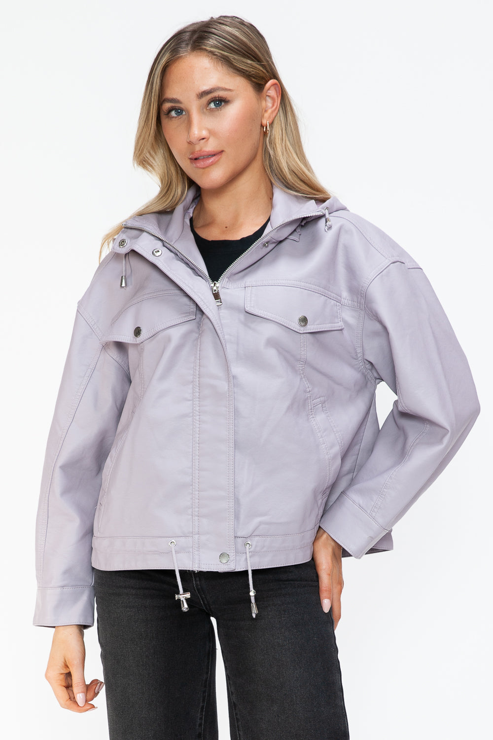 How Dare U Drawstring Hem PU Leather Zip Up Jacket - All Mine Now Clothing