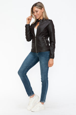 Snobbish PU Leather Biker Jacket with Side Zip Pockets - All Mine Now Clothing