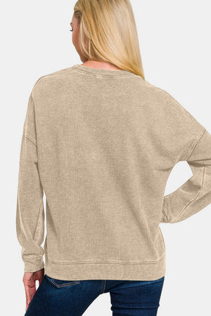 Zenana Washed Round Neck Dropped Shoulder Sweatshirt - All Mine Now Clothing