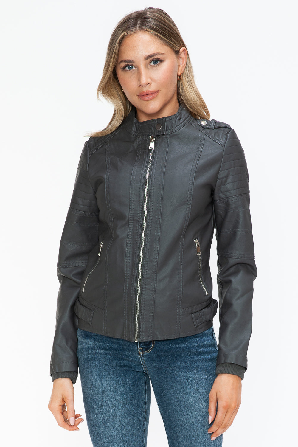 Snobbish PU Leather Biker Jacket with Side Zip Pockets - All Mine Now Clothing