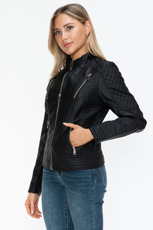 Snobbish Faux Leather Zip Up Mock Neck Jacket - All Mine Now Clothing