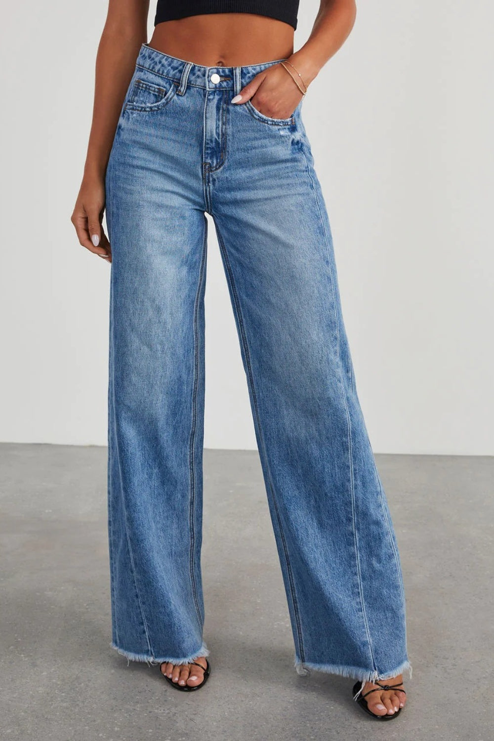 Raw Hem Wide Leg Jeans with Pockets Trendsi