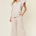 Double Take Texture Ruffle Short Sleeve Top and Drawstring Wide Leg Pants Set - All Mine Now Clothing