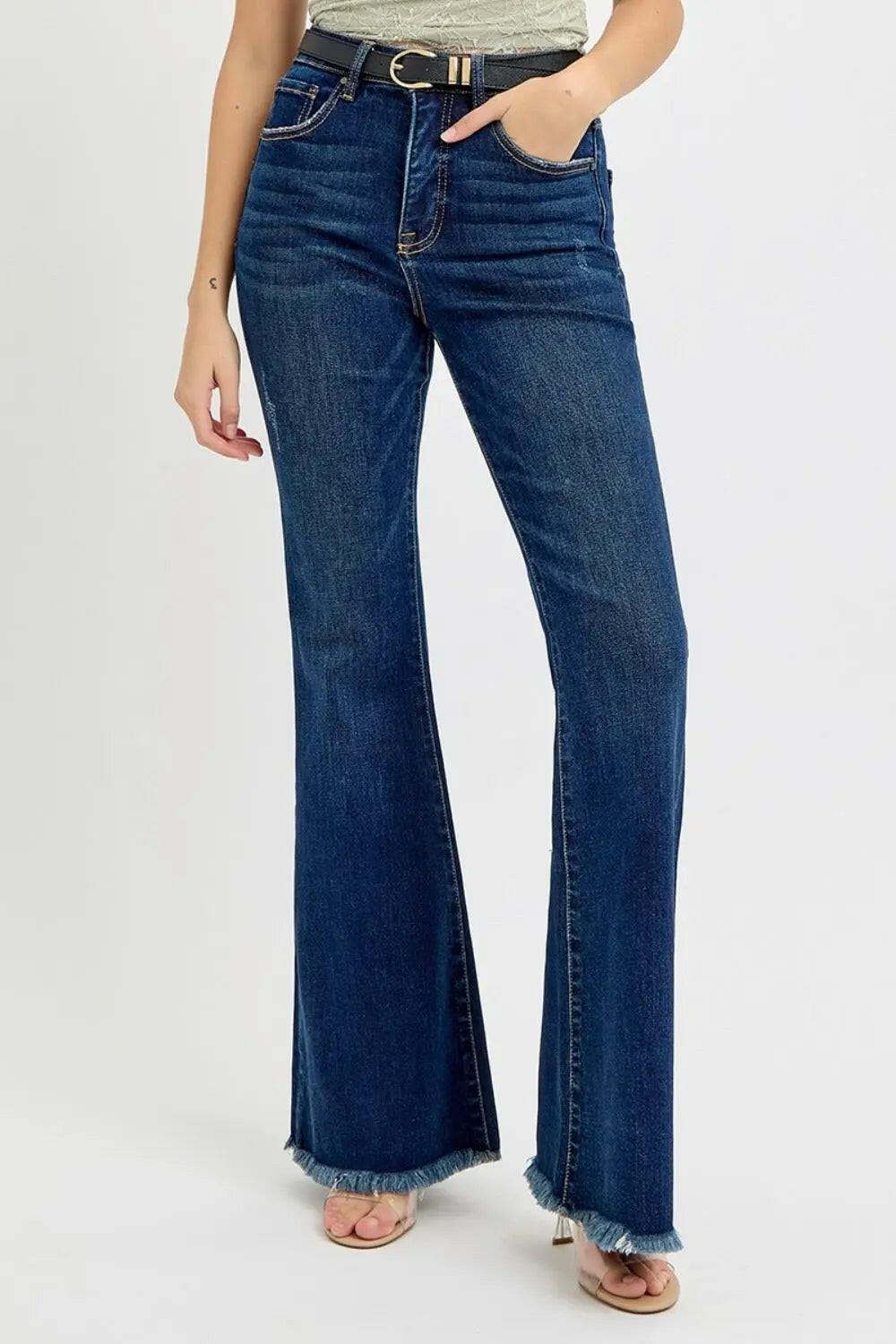 RISEN Tummy Control Frayed Hem Flare Jeans Trendsi