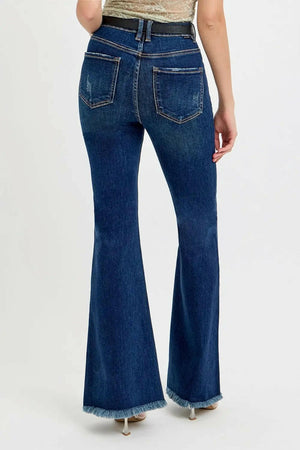 RISEN Tummy Control Frayed Hem Flare Jeans Trendsi